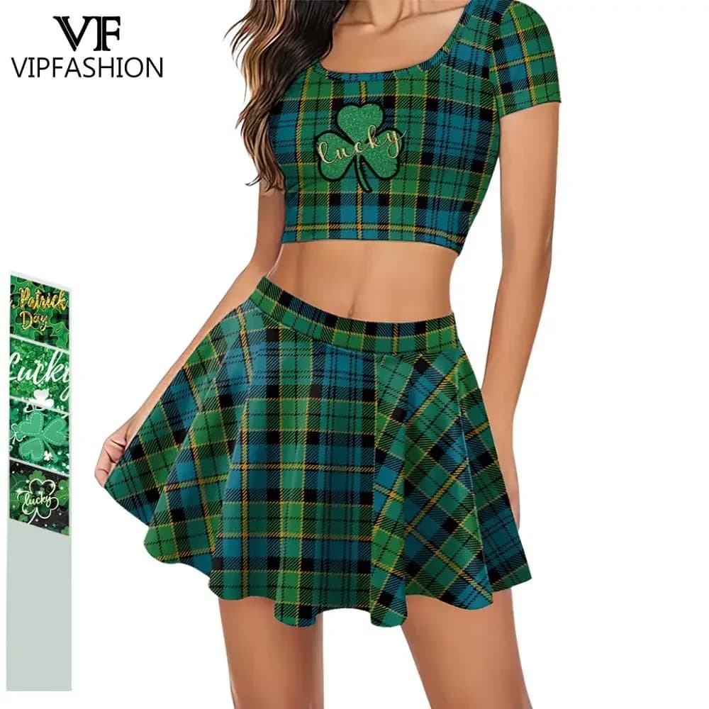 VIP Fashion Shamrock Plaid Skirt Set Women St. Patrick's Day Navaled T-shirts Short Dress Suit Irish Green Lucky Cosplay Costume