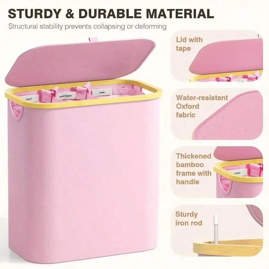 Pink 145L Extra Large Laundry Hamper With Lid - 3-Section Fabric Sorter With Removable Bags & Handles, Pre-Sorting Design For