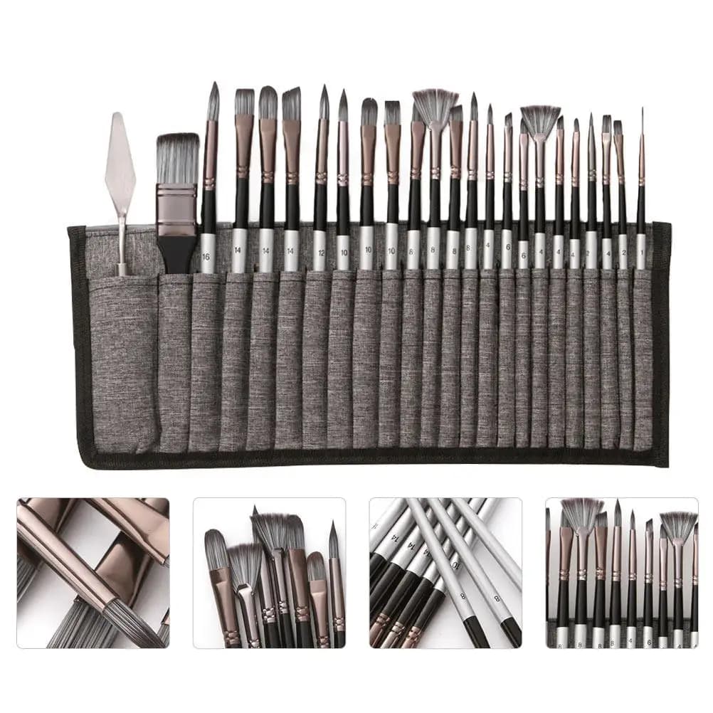 24Pcs Artist Grade Nylon Painting Brushes Set Smooth Wood Handle Secure Aluminum Ferrule Watercolor Oil Drawing Kit Beginners