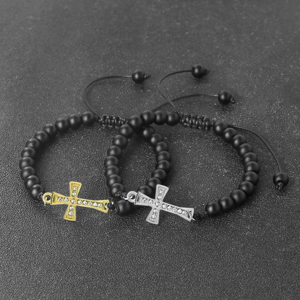 Fashion Cross With Crystal Pendant Bracelet Natural Stone Beads Bangle Women Men Adjustable Wristband Jewelry Friendship Gift