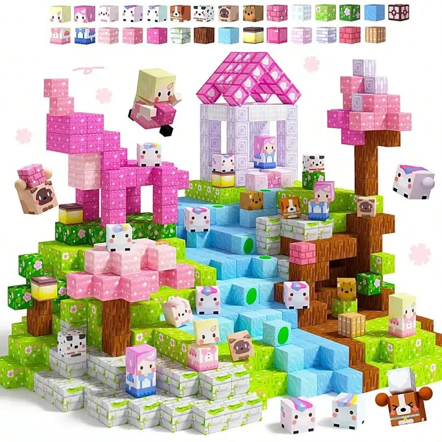48/100/200/300pcs Magnetic Building Tiles, 0.78 Inch, Magnetic Princess Castle Pink Girly Flower Series Construction Blocks Cube Toy Set, STEM Educational Sensory Toy, Best Christmas, Halloween, Birthday Gift For Kids 3+ Years Old