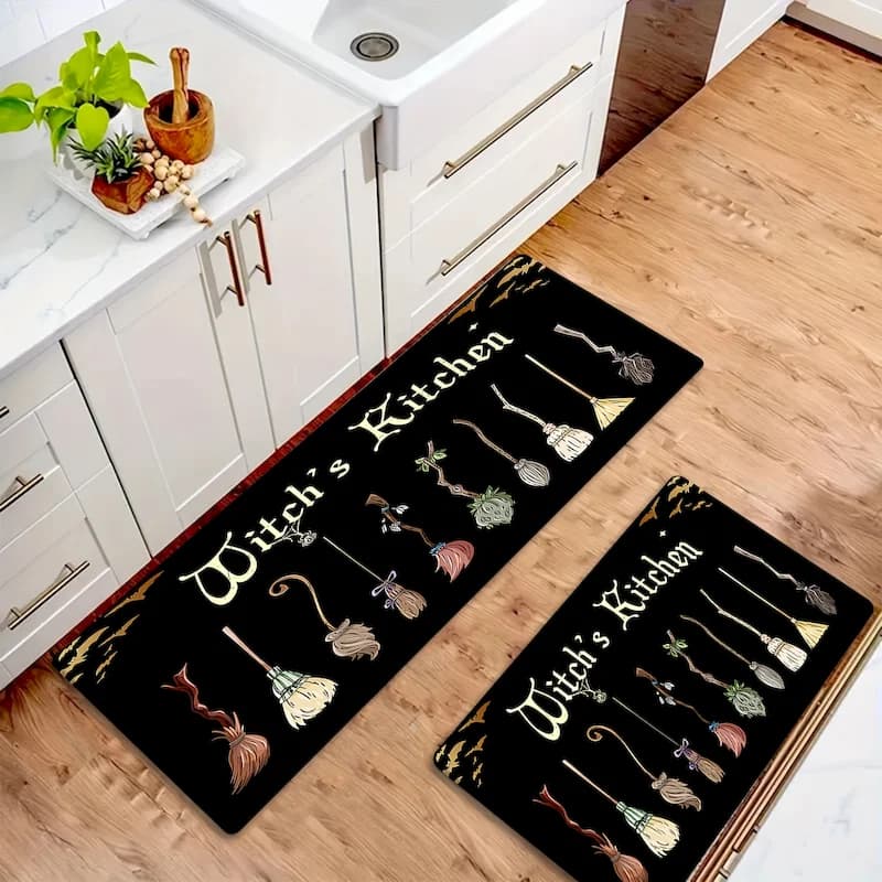 VIKAMA Halloween Broomstick Printed Carpet, Entrance Anti Slip Noise Reducing Floor Mat, Kitchen Holiday Home Decoration Carpet