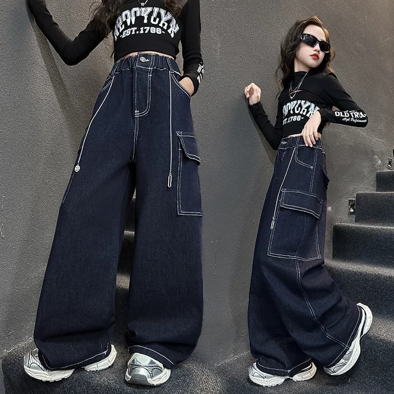 Pantaloni cargo da ragazza Jeans Primavera Autunno Nuovi pantaloni eleganti in denim lunghi a gamba larga Pantaloni a gamba dritta alla moda per bambini