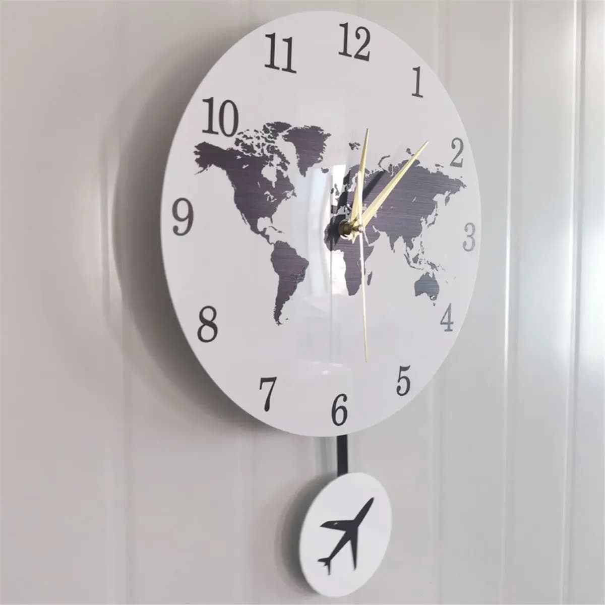 Earth Globe World Map Pendulum Clock with Flying Plane Swing Decor Geography Travelling Wall Clock Silent Non-Ticking
