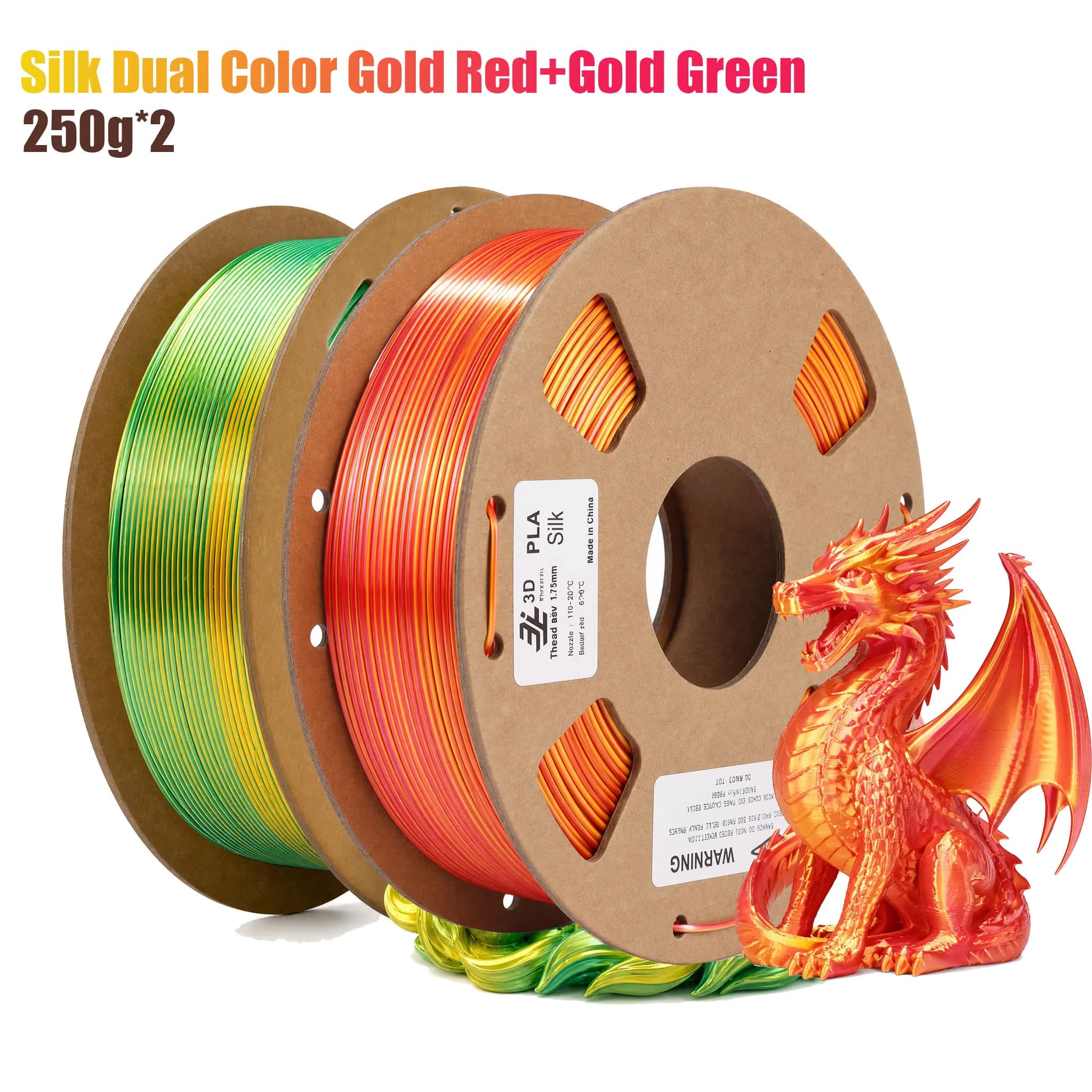 1.75mm Gold Green/Red Silk PLA Filament, Dual Color Coextrusion 3D Printing Filament, Shiny Rainbow Effect, Neat Wound Spool