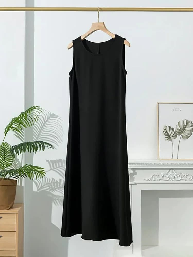Silk Vest Dress Women's Sleeveless Silk Long Dress Black Loose Slim round Neck Gown Summer City Commute Street Style