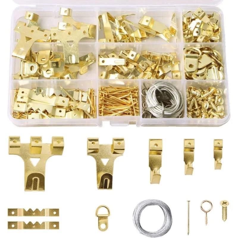 Set di viti per appendere quadri da 250 pezzi Kit per appendere la parete Viti per ganci per cornici per appendere l'arte Pittura Appendiabiti per foto Strumenti dorati