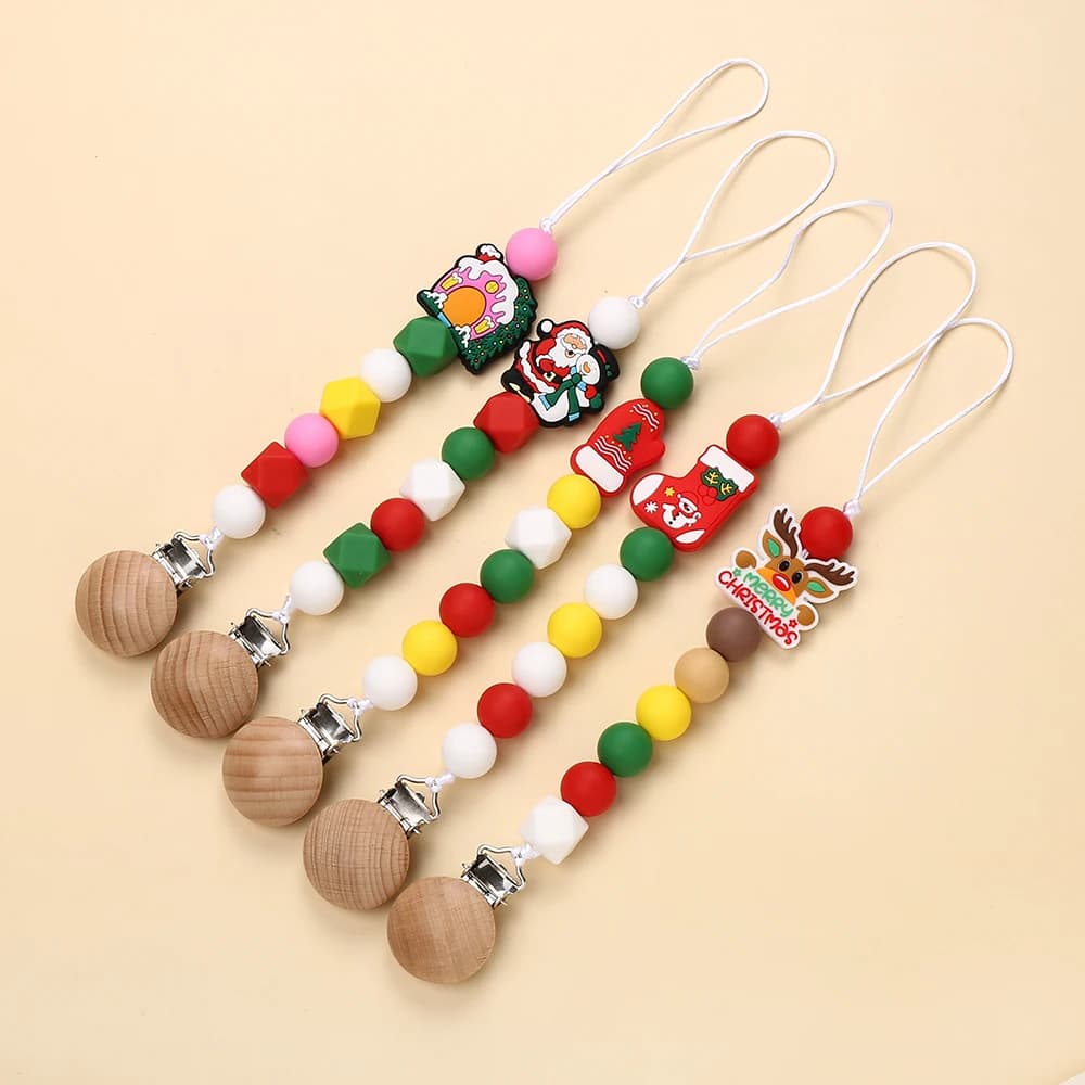 Perline di natale in Silicone clip per ciuccio supporto per catena fittizia da masticare in legno catene per succhietto per neonati supporto per capezzoli regali per giocattoli per la dentizione del bambino