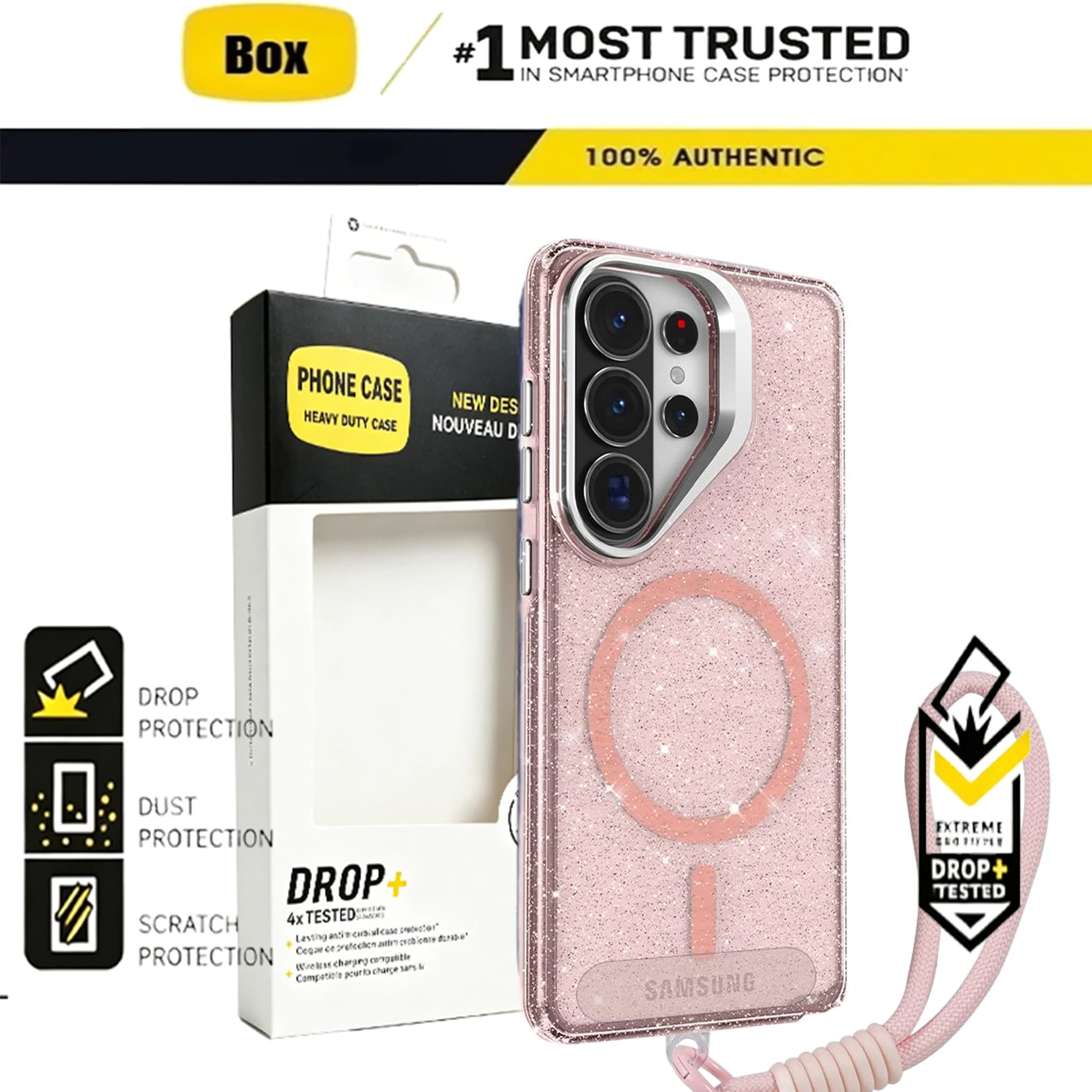 Custodia trasparente glitterata con lente a ribalta in metallo di grado militare e supporto per Samsung S26 Ultra S25/24/23 Plus FE, compatibile con ricarica MagSafe, cover OTT-BOX
