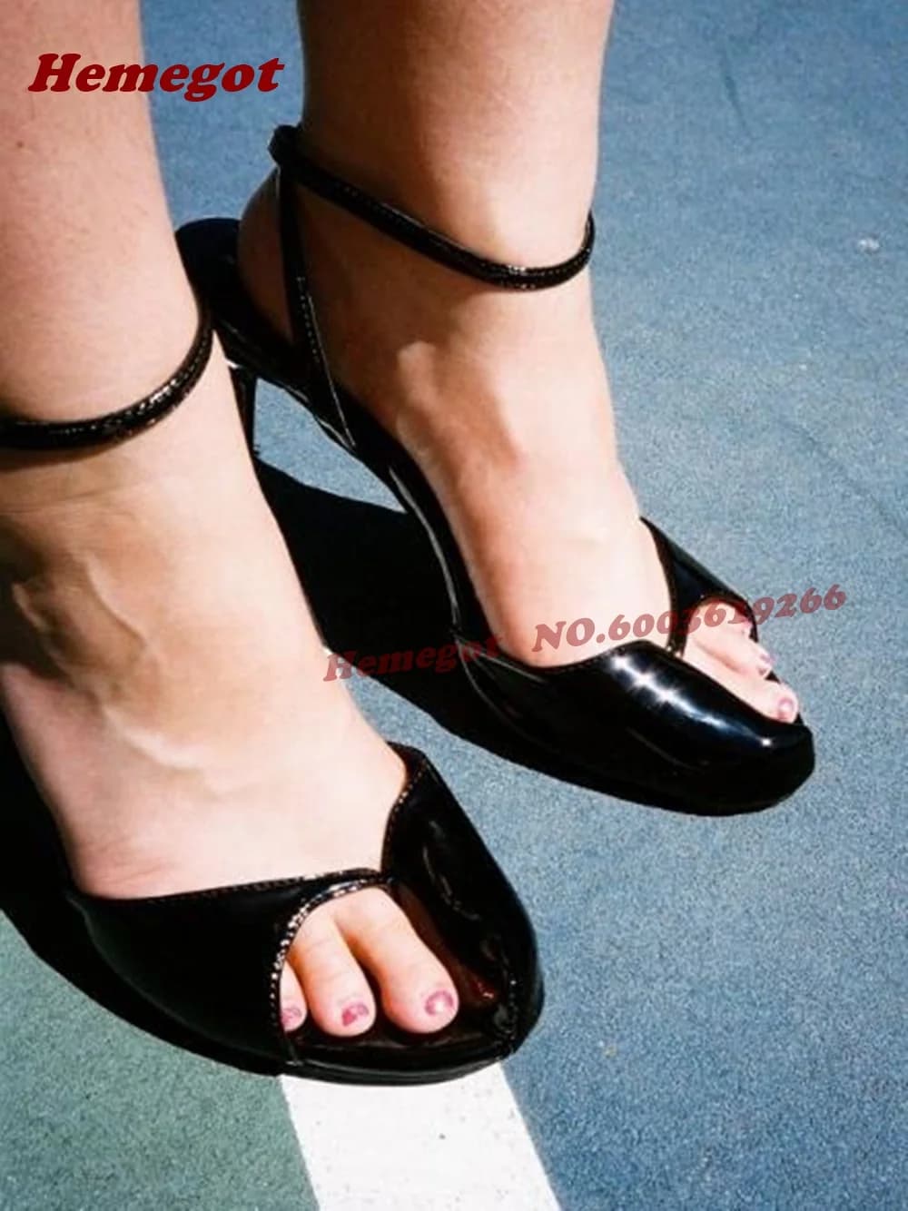 Black Patent Peep Toe Ankle Strap Mule Sandals Pointed Slip-On Thin Stiletto Backless Heels Buckled Glossy Runway Shoes 2026