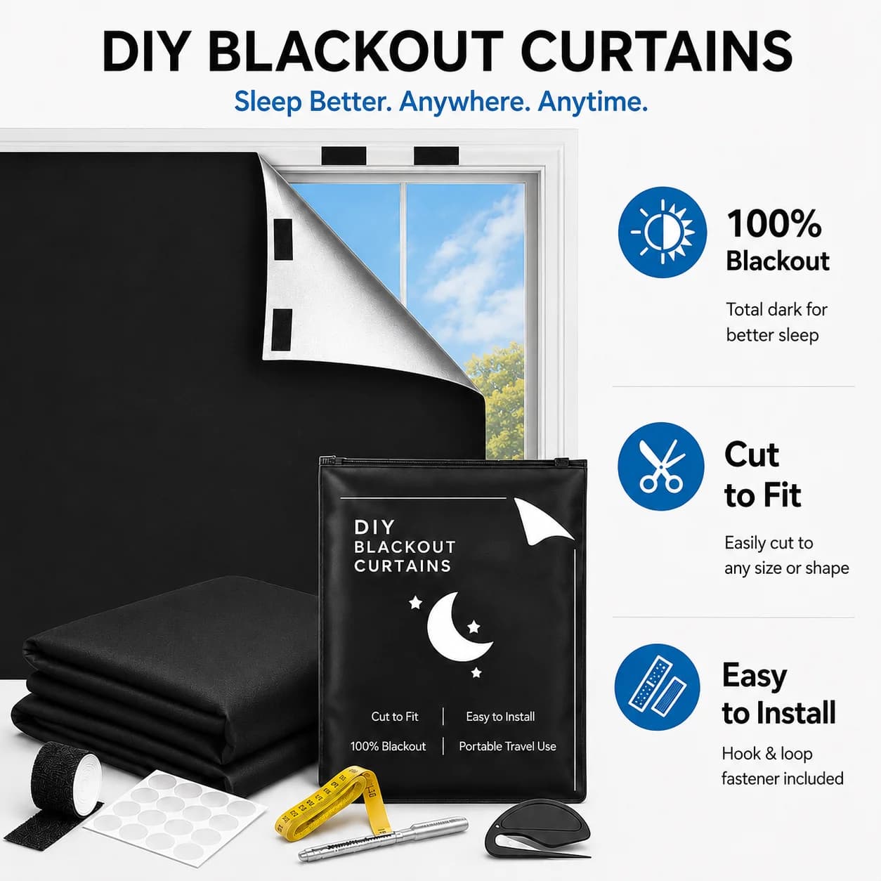 Portable Blackout Window Curtain Cuttable Silver Coated 210T Oxford Fabric 145x100/200/300cm for Bedroom Travel RV