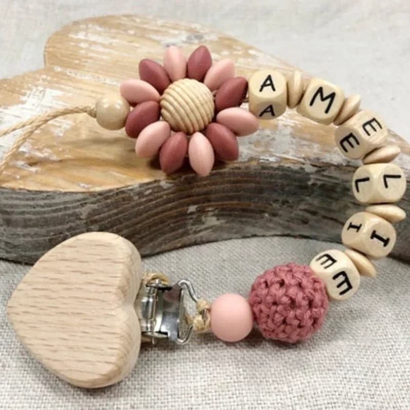 Nome personalizzato fai da te Perline in silicone Anello di legno Clip per ciuccio Catene per dentizione sicure Massaggiagengive per bambini Clip di faggio fittizie ecologiche Regalo