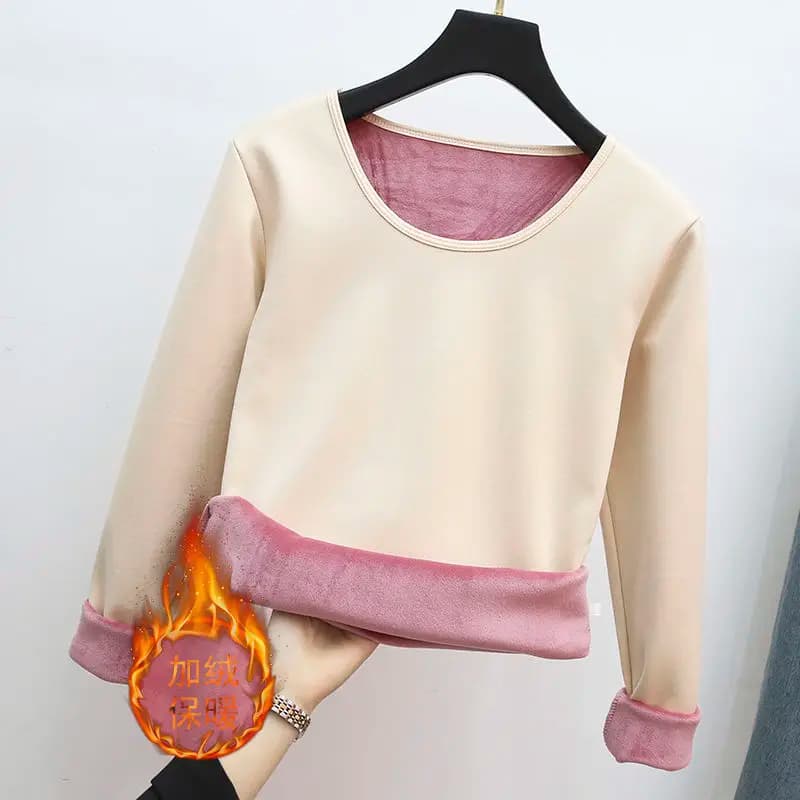 Winter Warm Round Neck T-Shirt Thick Fleece Thermal Underwear Long Sleeve Basic Solid Warm Autumn Bottomed Blouse