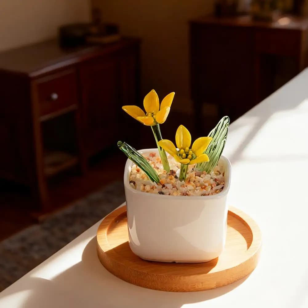 Succulents Glazed Potted Plants Mini Succulents Decor Glass Artificial Greenery with Stable Base Faux Flower Planter for Desk