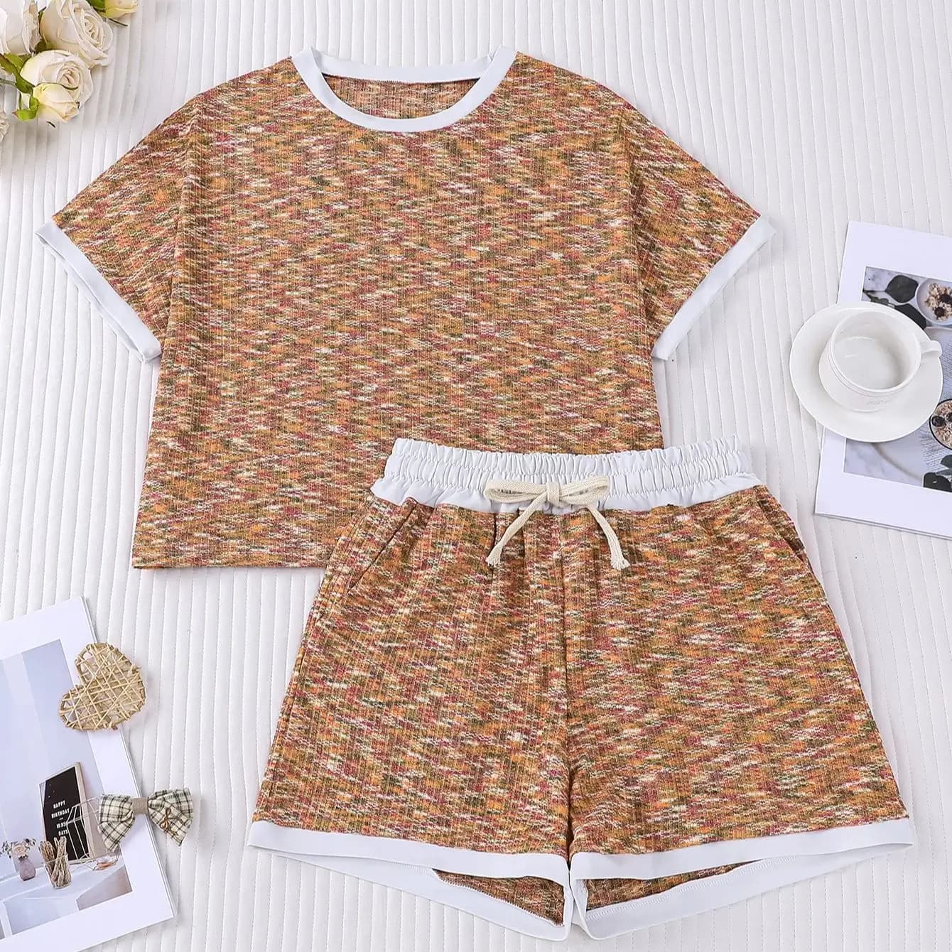 Pigiama Estivo da Donna in Maglia Waffle con Stampa Effetto Heather, Top a Girocollo a Maniche Corte e Pantaloncini con Elastico in Vita, Morbido Abbigliamento da Casa e da Notte