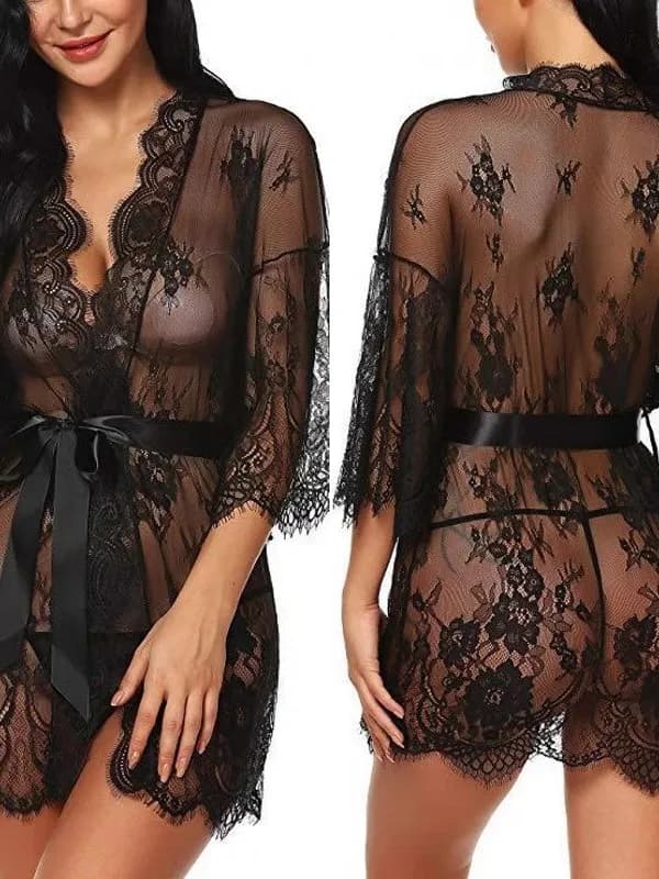 Sexy Lace Hollow out Long Sleeve Short Dress Women's Home Clothes Set Bath Robe Seductive Nightgown Comfortable Spring Summer