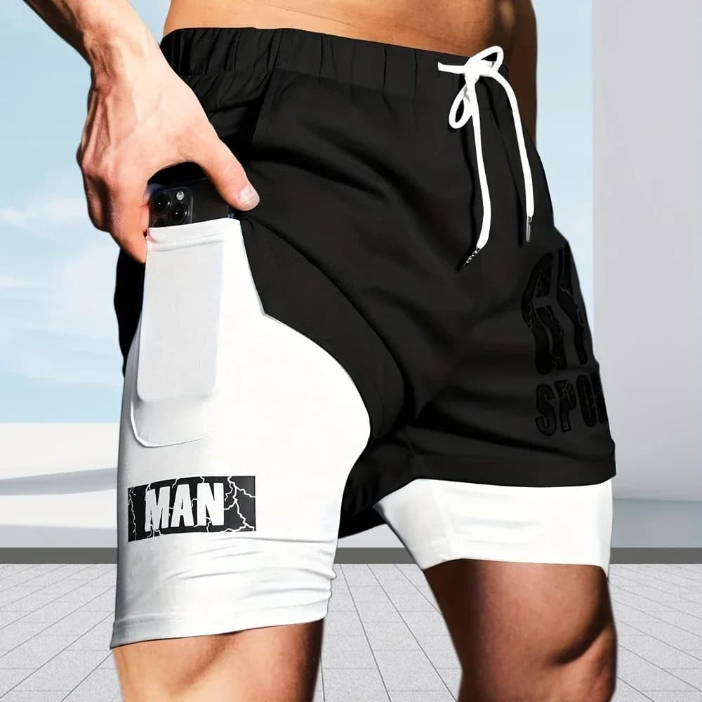 Pantaloncini da corsa Pantaloncini fitness casual stampati da uomo estivi Coulisse Fitness 2 in 1 Sport da jogging Pantaloncini da uomo doppi ad asciugatura rapida