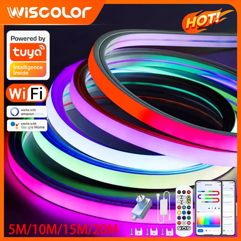 DIY Outdoor Led Lights Strip TUYA Wifi Setup RGB LED Neon Rope Garden String Light Wall Backlight Music Control Room Decor Lamp