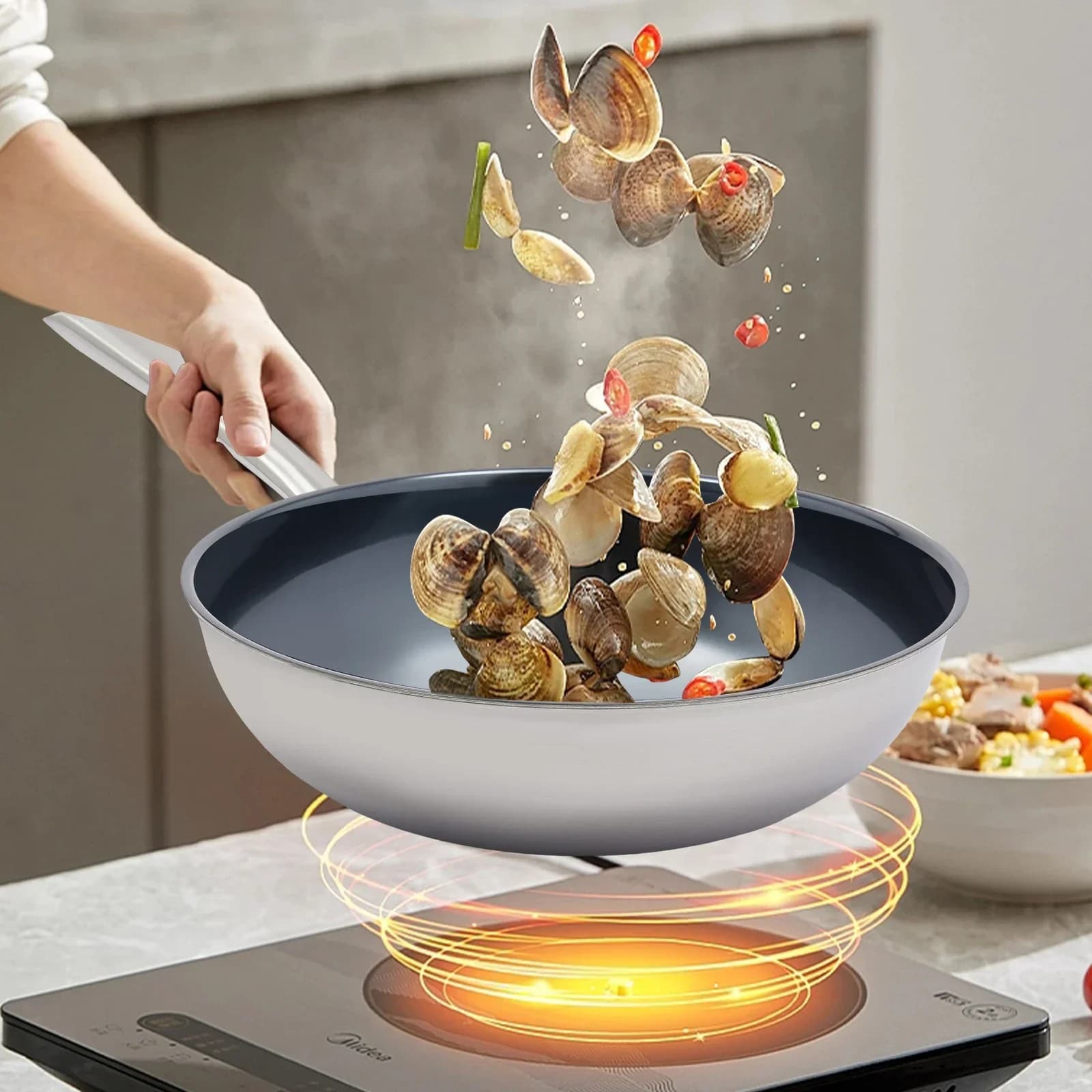 %a 11.8In Wok Wear Resistance Traditional Pan with Practical Lid Large Capacity Metal-Free for Frying/Stewing/Steaming/Boiling