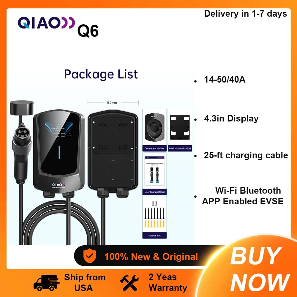 QIAO Level 2 Electric Vehicle Charger 9.6KW 40A, 4.3-inch Display, 25-ft Cable, NEMA 14-50 plug For all SAE J1772 Electric Vehicle Models