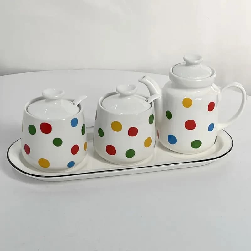 Salsa di soia francese a pois Pentola per aceto Set di barattoli per condimenti Set di vasi per condimenti in ceramica facile da pulire Pentola per sale Bottiglia di aceto di pepe