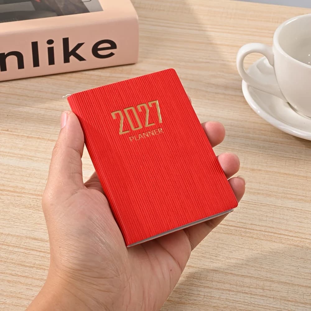 1 A7 specification 2027 English plan book, 64 128-page thin weekly calendar notebooks, 365-day daily plan calendar book, A7 mini portable pocket book schedule book, PU leather book
