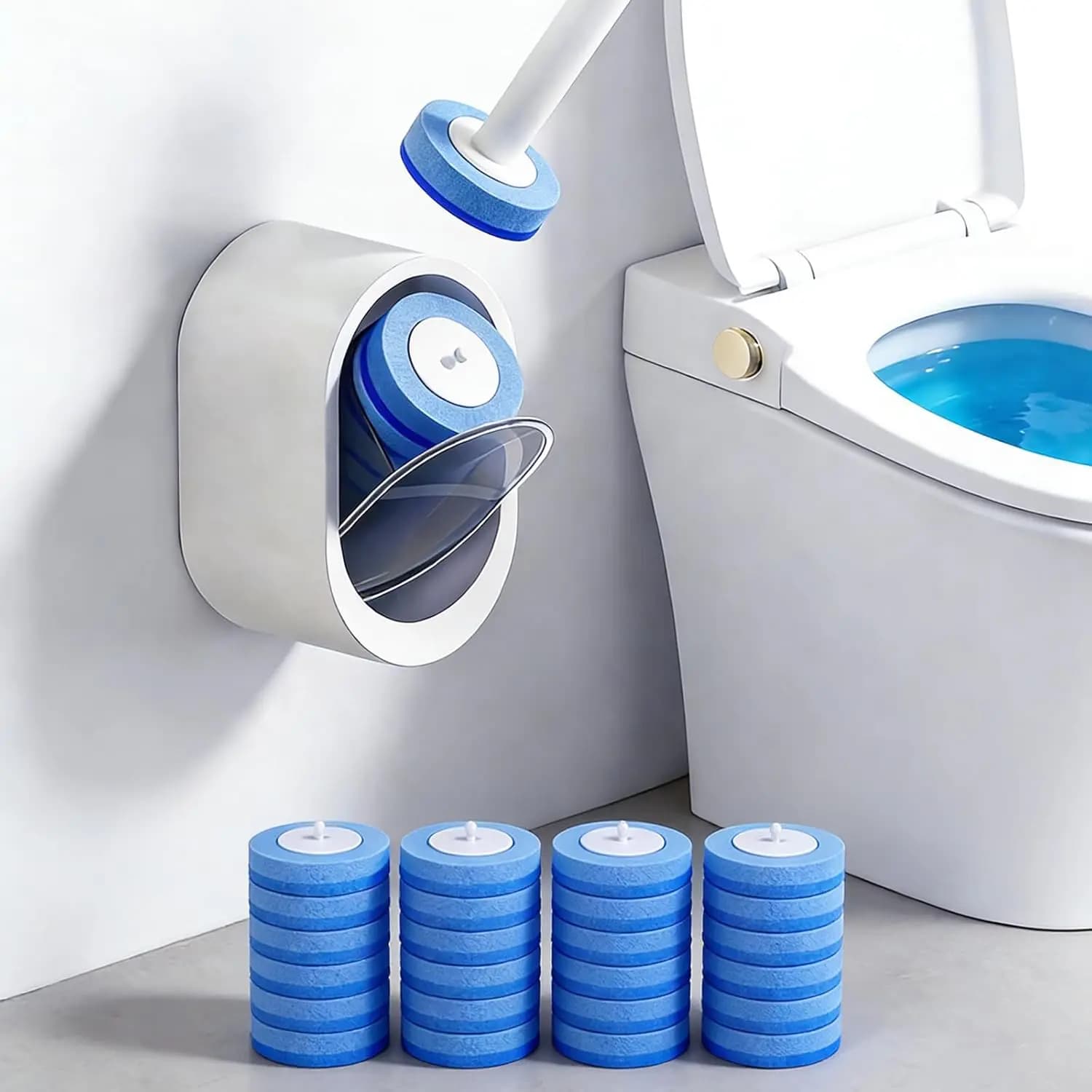 Sistema di Pulizia WC Usa e Getta - Kit con 32 Ricariche, Spazzola e Supporto a Parete per Pulizia Profonda del Bagno