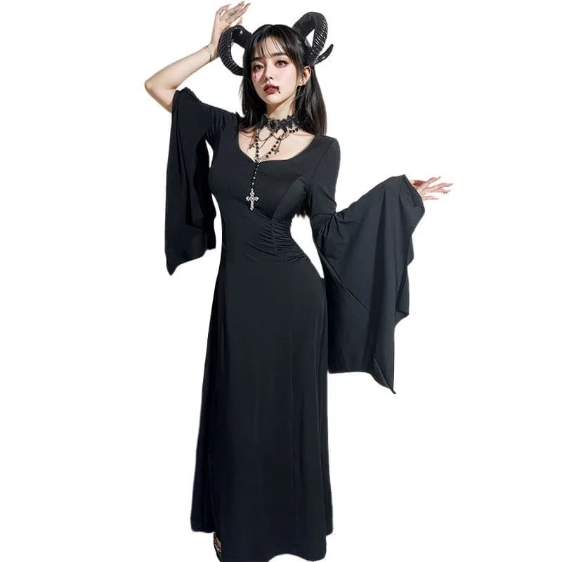 Abito da donna gotico di Halloween Abito a maniche lunghe a vita alta Abito estetico gotico Moda sexy Party Club Cosplay Abito nero slim fit