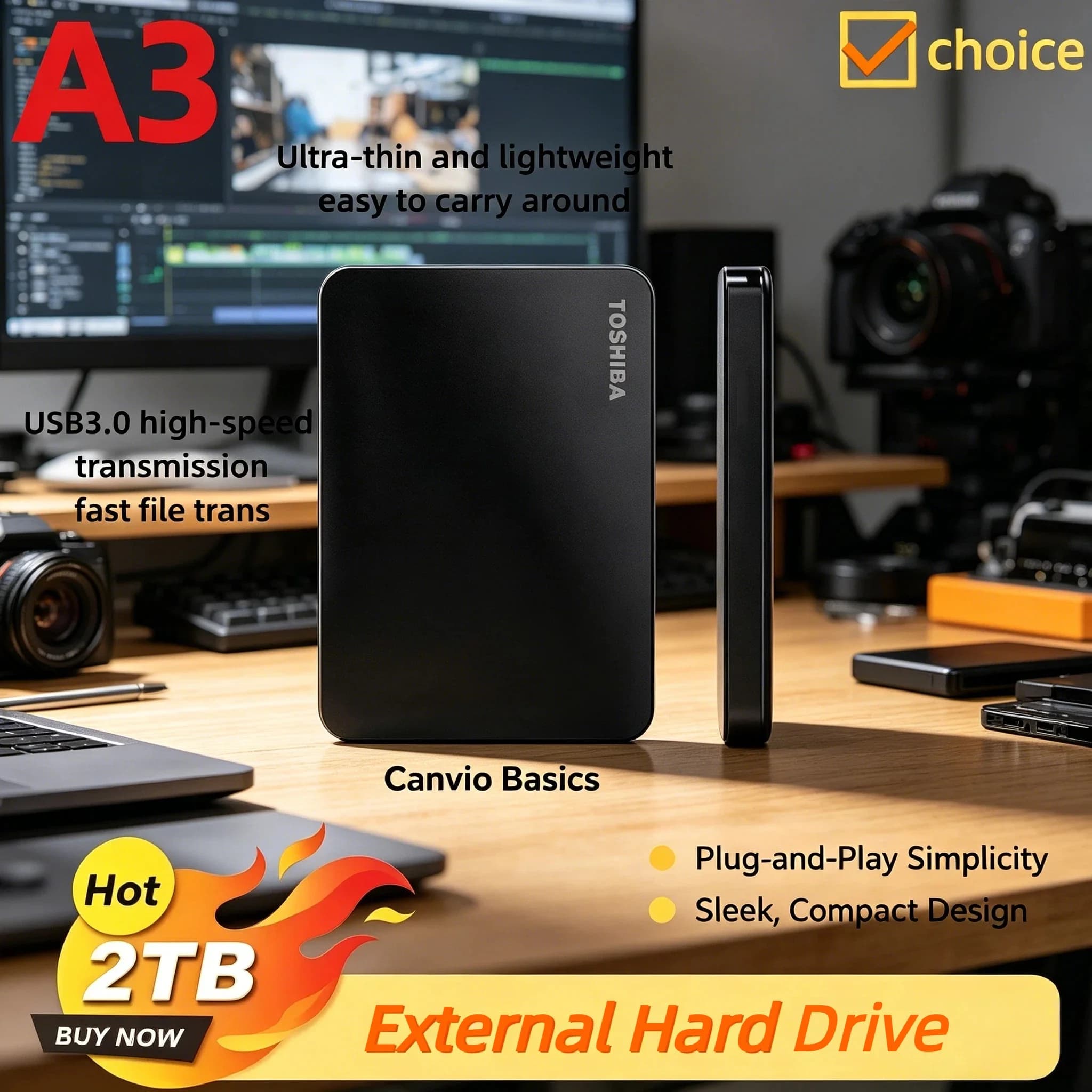 Disco rigido esterno Toshiba A3 OEM da 500GB 1TB 2TB USB3.0 da 2,5 pollici, portatile, per gaming.