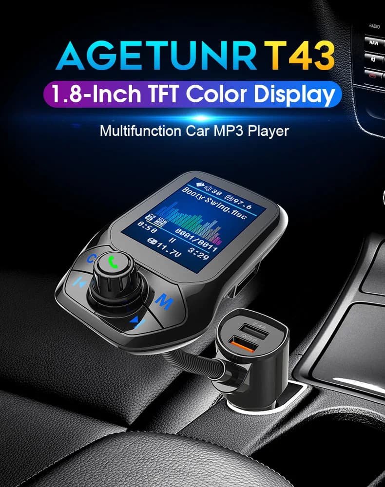 Caricabatteria per auto a grande schermo Lettore MP3 Bluetooth Caricabatteria per auto QC3.0 interattivo USB Multifunzionale 5 in 1 Ricarica rapida universale