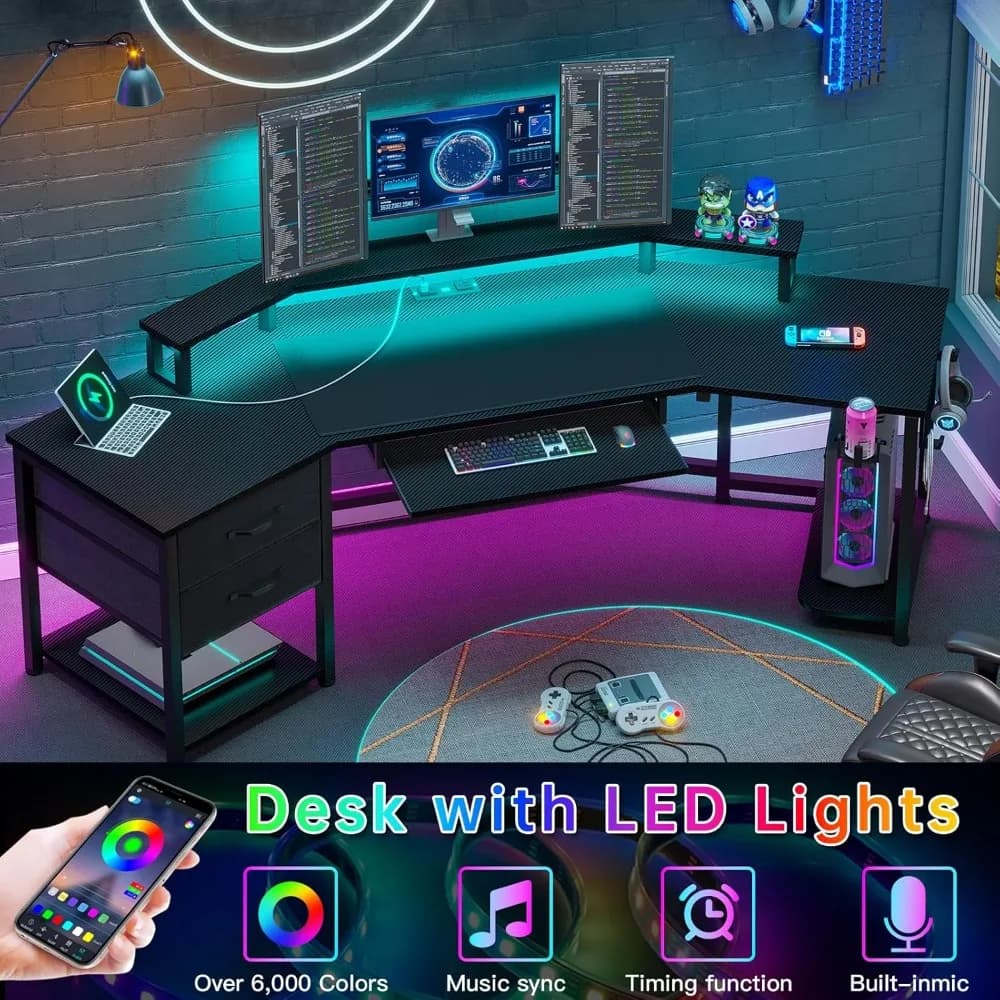 Scrivania da gioco da 79", scrivania per computer con 2 cassetti in tessuto e luce a LED, scrivania da gioco a forma di L con ripiano portaoggetti per ufficio domestico