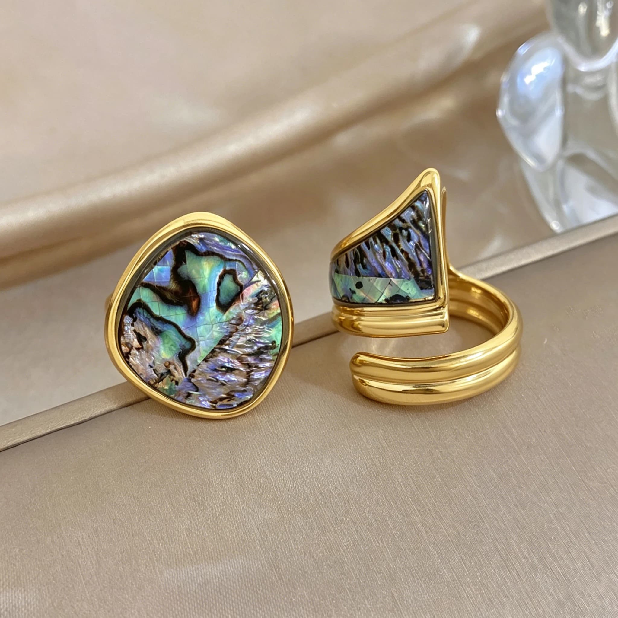 Anello Aperto a Spirale a Doppia Traccia Classico Greatera, Gioiello da Donna in Acciaio Inossidabile con Charm Irregolare Circolare Blu-verde di Lusso Leggero