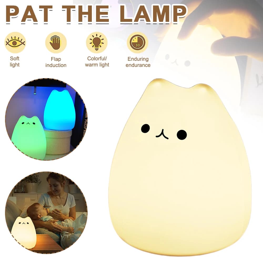 Luce notturna a LED a 7 colori per bambini Sensore tattile in silicone morbido per bambini Lampada per dormire con gatto dei cartoni animati Decorazione della camera da letto di casa