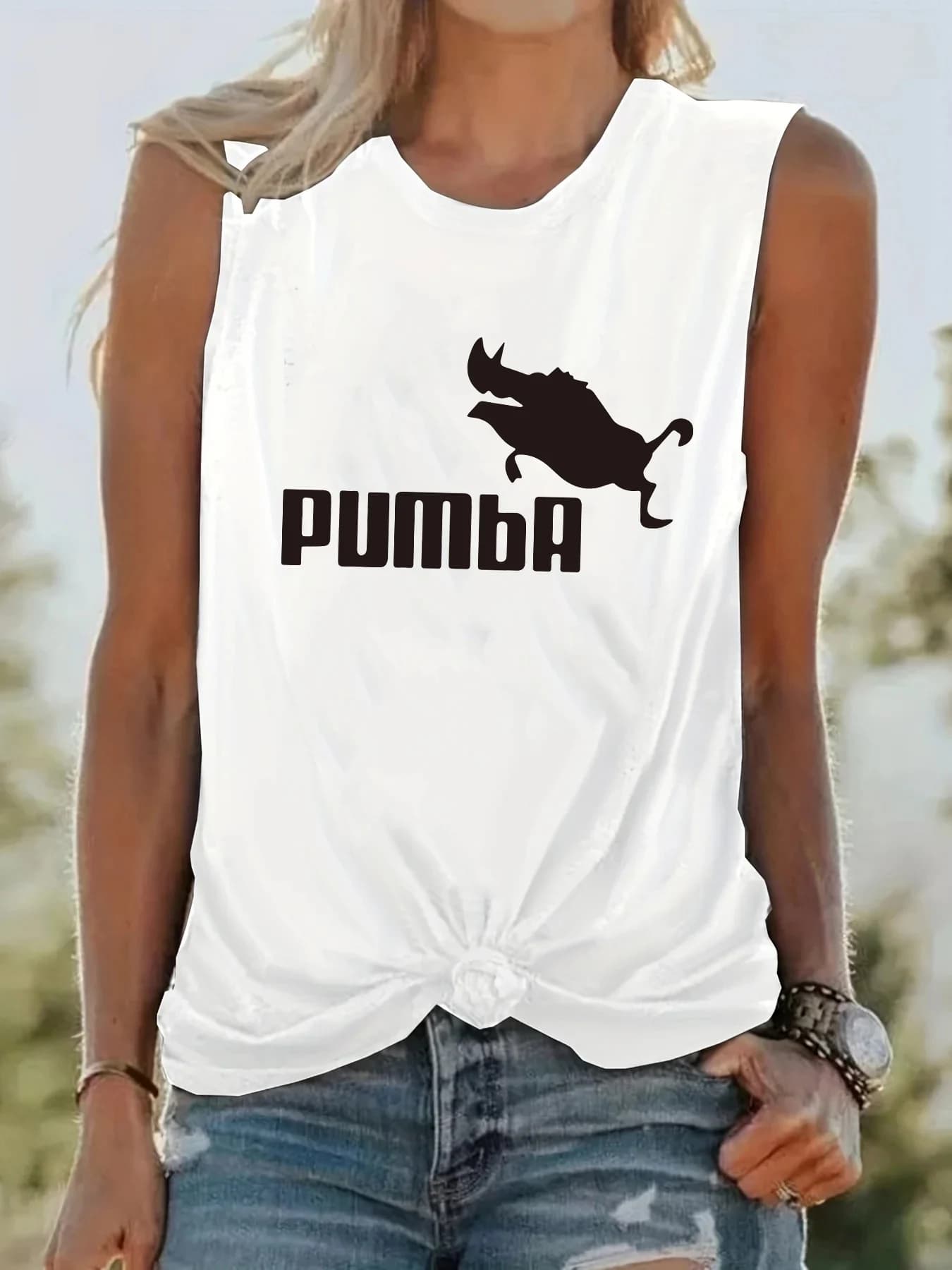 T-shirt da donna estiva con stampa di lettere PUMBA, grande, casual, girocollo, senza maniche, ampia canotta