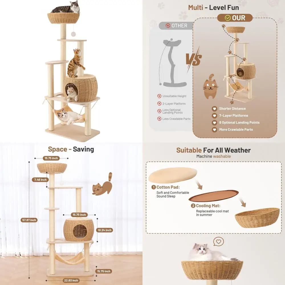 robusto contenitore per gatti alto in rattan con torre rampicante, tiragraffi, cestino, letto e supporto per gatti di grandi dimensioni da interni