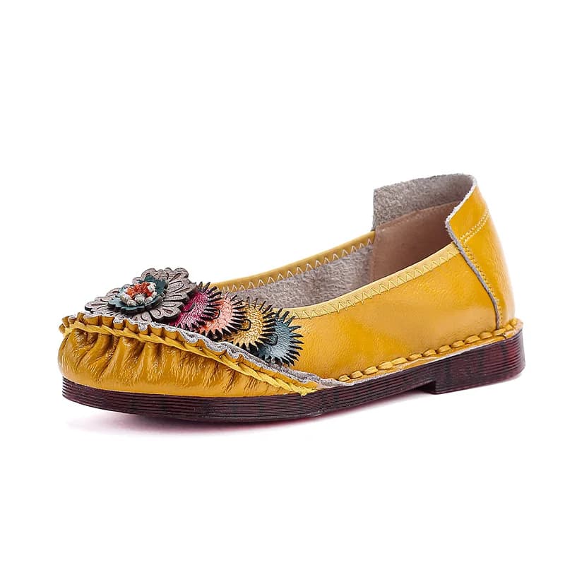 Mocassini da Donna Artigianali in Pelle con Ricami Floreali, Stile Etnico Vintage, Arricciati, Slip-on, Comodi con Suola Morbida per Camminata Casual