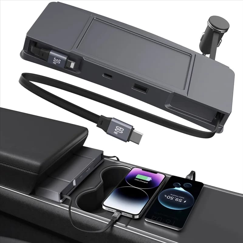 Cavo retrattile Hub USB Caricatore rapido Docking Station per Tesla Model Y 2020-2024 e Model 3 2020-2023 Console centrale