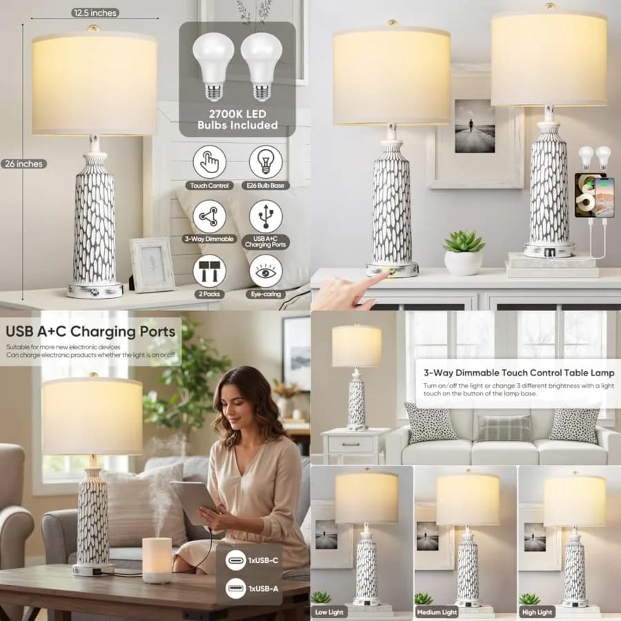 Set di 2 Lampade da Tavolo da 26 Pollici, Moderne Lampade da Comodino con Porte USB A+C, Controllo Touch Dimmerabile a 3 Livelli e Paralume Bianco, Coastal Nights