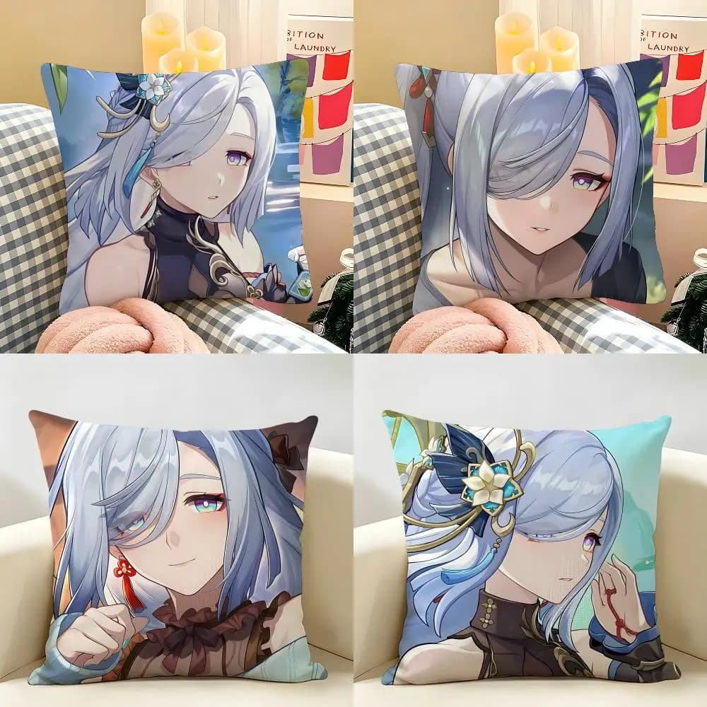 Shenhe Genshin Impact Cushion Cover Natural Linen Organic Fabric Double-Sided Printing Room Sofa Decor Pillow Case