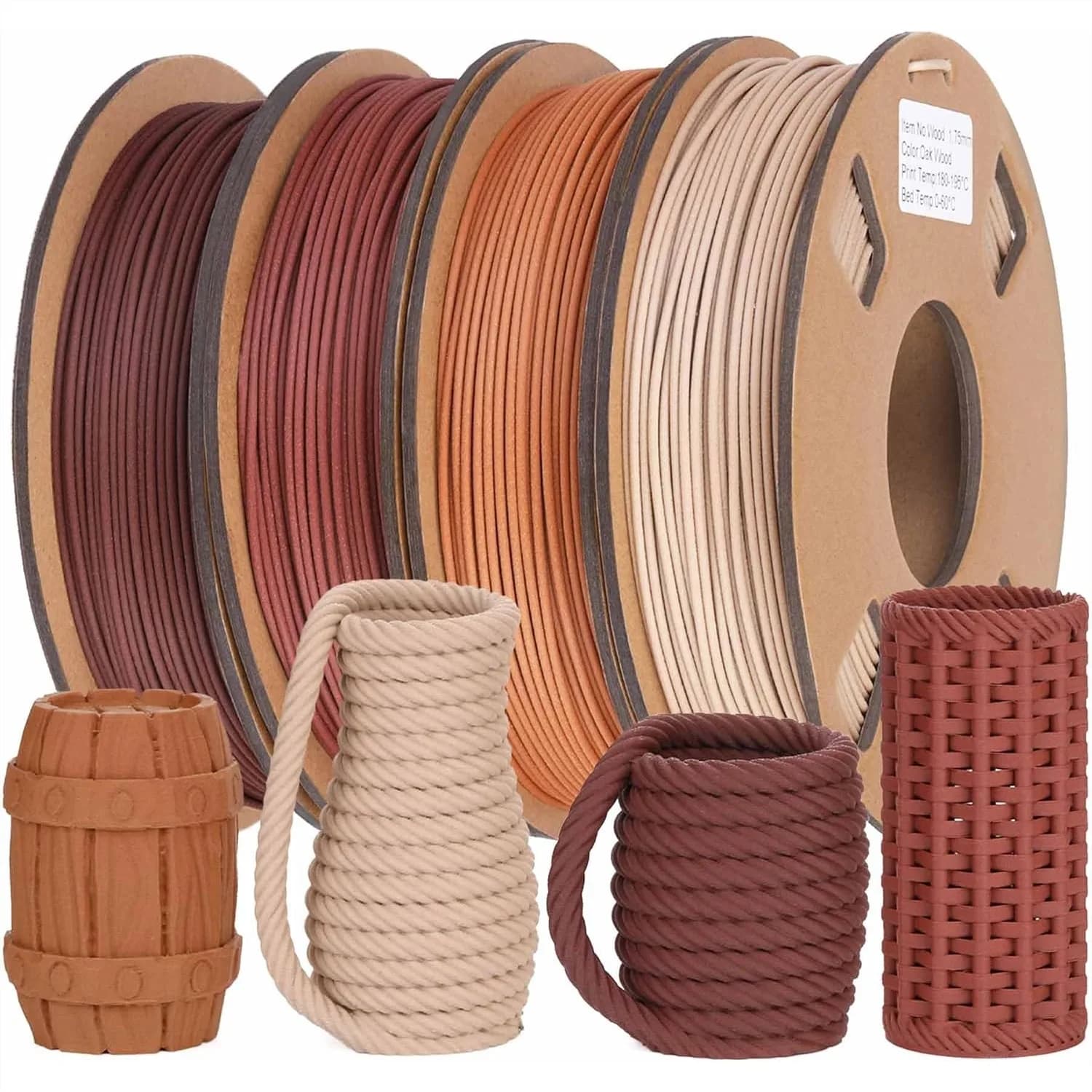 Filamento per Stampante 3D in Fibra di Legno Reale al 30%, PLA 1.75mm +/-0.03mm, 4 Colori 250g Ciascuno, Facile da Stampare