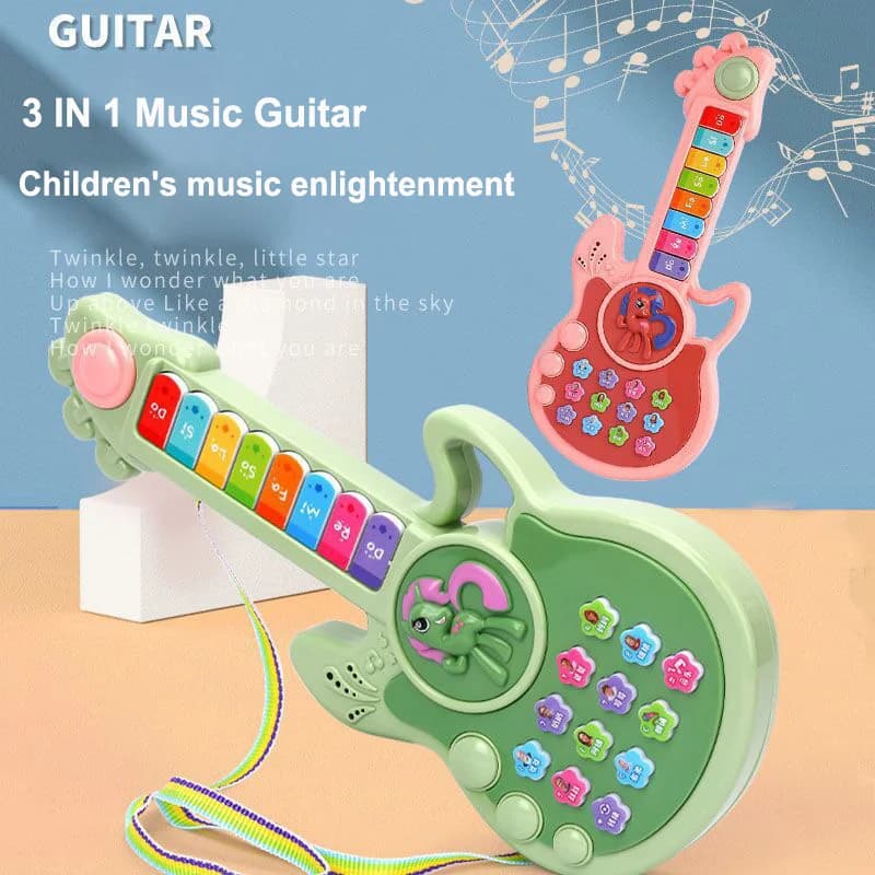 Nuova Chitarra Elettrica per Bambini a Tre Modalità, Pianoforte Giocattolo con Pulsanti a Cartone Animato, Strumento Musicale Educativo per la Prima Infanzia