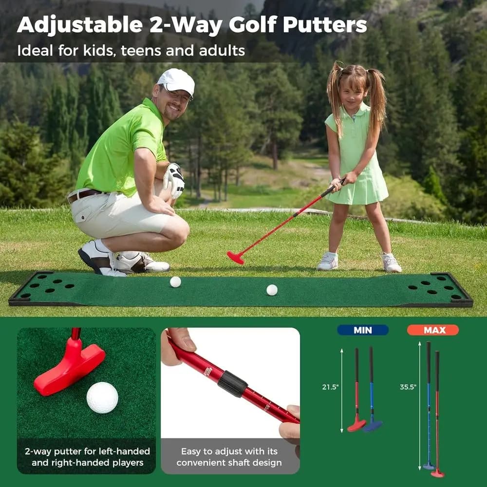 Set Tappetino da Golf Portatile con 2 Putter, 6 Palline, Borsa per il Trasporto, Ideale per Pratica Indoor e Outdoor