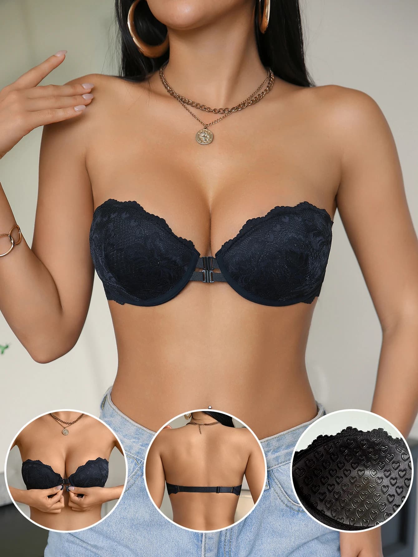 Women's Lace Strapless Bandeau Bra Double Front Closure Anti-slip Push Up Bra Breathable Lingerie