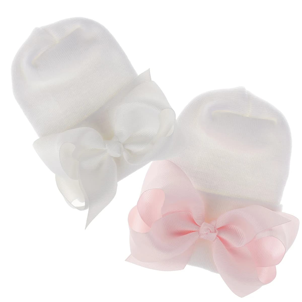 0-6 mesi neonato ospedale carino lavorato a maglia cofano bianco con fiocco in nastro neonate cappello a cuffia boknot infantile fiocco in gros-grain cappello morbido