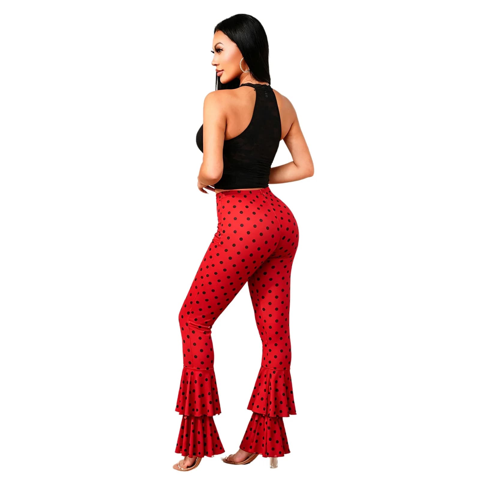 Womens Y2K 2 Piece Set Sleeveless Cutout Lace Crop Tops with Pads Polka Dot Print Ruffled Leggings Club Rave Party Streetwear