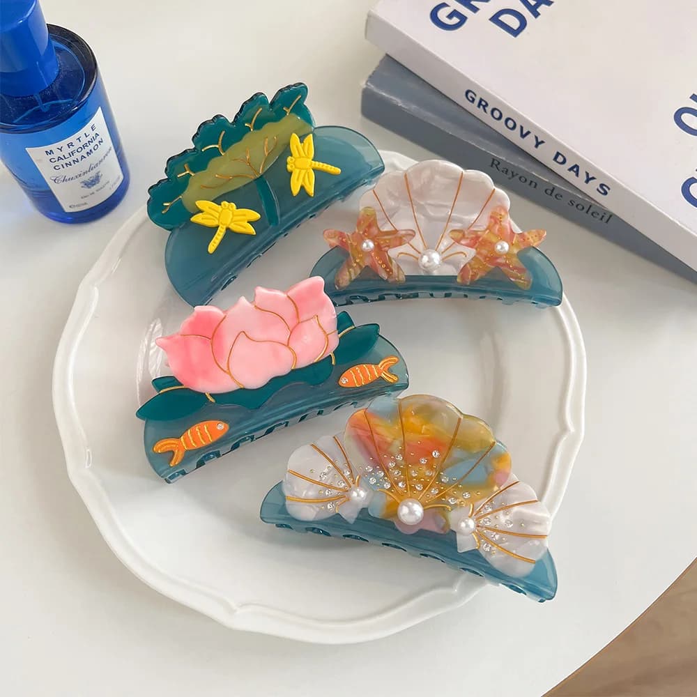 1 clip creativa in acetato di conchiglia, perla, stella marina, con forcina per capelli con clip di squalo e diamante, accessori per capelli di nicchia di temperamento