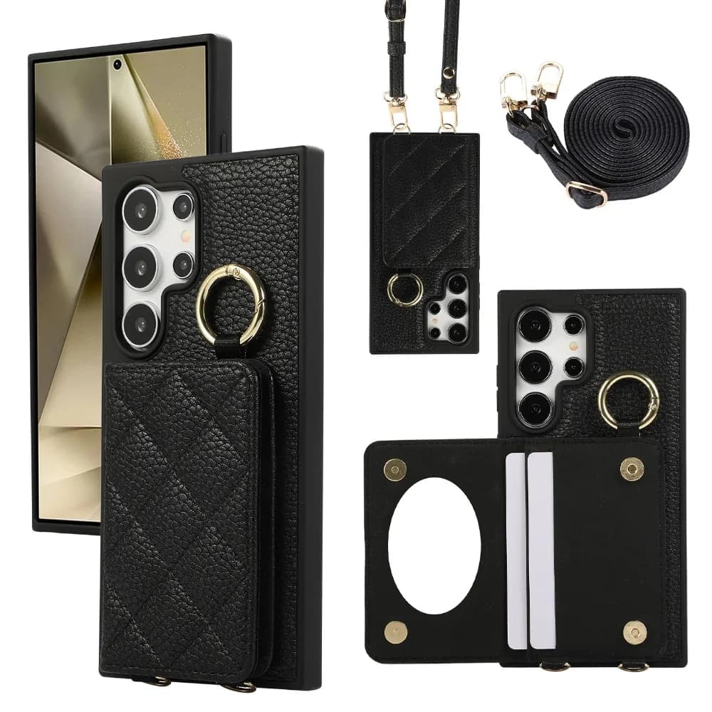 Case shoulder strap with card holder and phone support for Samsung Galaxy S26 S25 Ultra Edge S24 S23 S22 Plus, leather with Scottish pattern