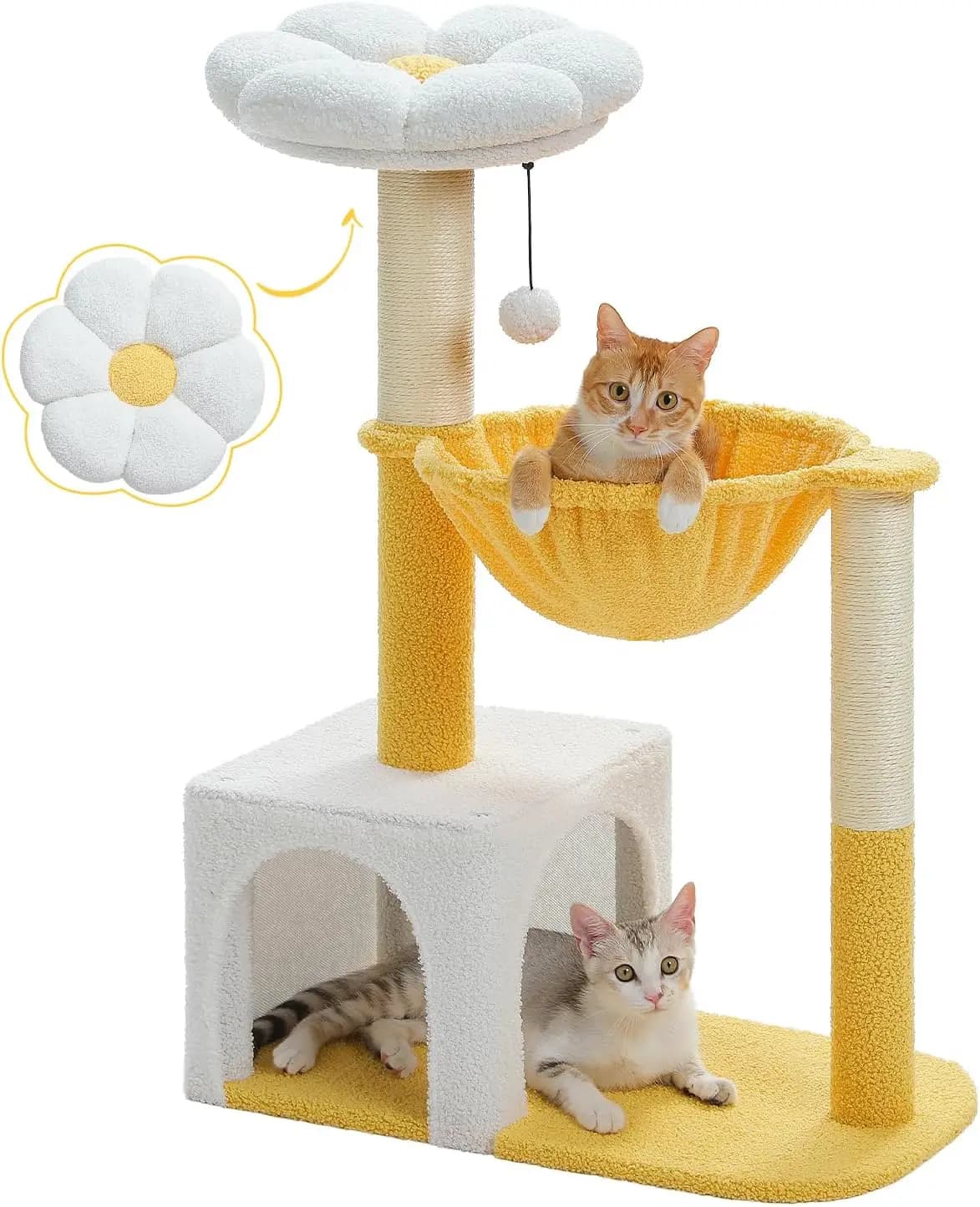 Albero per gatti da 35 pollici con cuccia a forma di fiore e amaca - Tiragraffi per gatti da interno, Bianco/Giallo