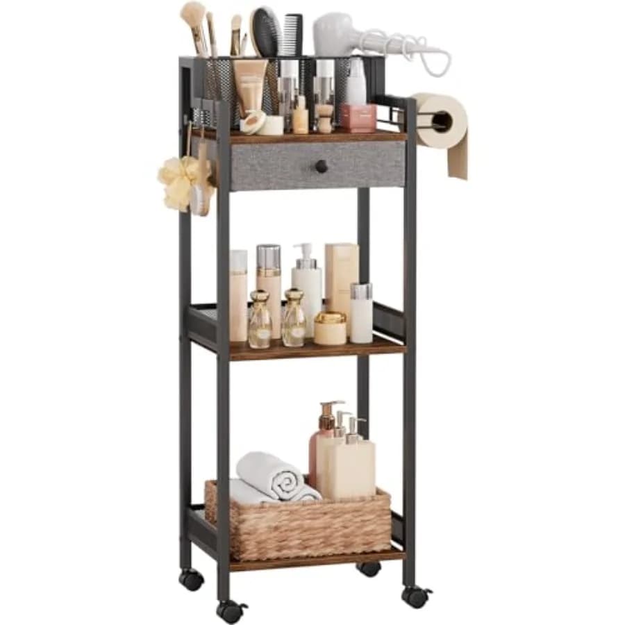 Bathroom Shelves with Drawer, 3 Tier Metal Rolling Standing Unit Storage Organizers with Toilet Paper Holder, Multifunctional F