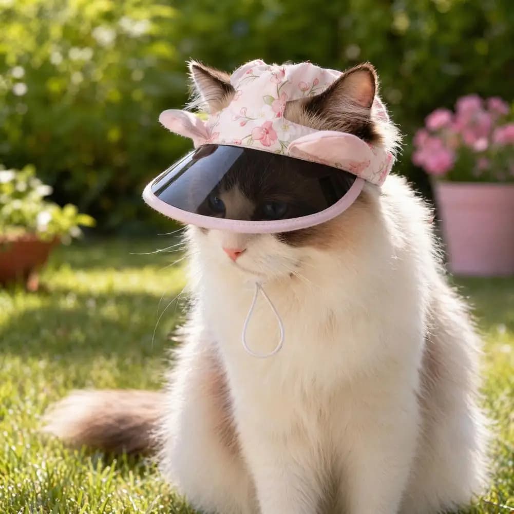 Summer Floral Pet Sun Hat with Ear Holes Adjustable Wide Brim Cat Cap Cute Rabbit Ears Dog Visor for Small Pets Outdoor Wear